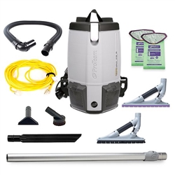 ProTeam ProVac FS 6 commercial backpack vacuum with ProBlade hard surface and carpet floor tool kit
