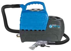 Sandia Spot Xtract 50-2000 2-gallon portable spot carpet extractor with clear-view stainless steel hand tool, hose set, and stackable solution and recovery tanks.
