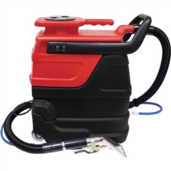 Sandia Indy 50-7000 3-gallon auto detailing carpet extractor with stainless hand tool, 600 watt in-line heater, 55 PSI pump, and 15-foot hose set on portable cart.