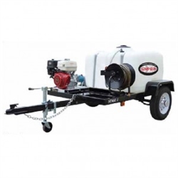 Simpson 95000 trailer-mounted 3200 PSI cold-water mobile pressure washer with Honda GX200 engine, AAA triplex pump, and on-board water tank