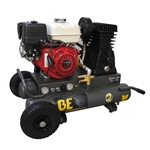 BE Pressure AC908HB 8-gallon wheeled gas air compressor with 270cc Honda GX270 engine, two-stage cast iron pump, and twin no-flat wheels.