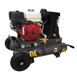 BE Pressure AC908HB 8-gallon wheeled gas air compressor with 270cc Honda GX270 engine, two-stage cast iron pump, and twin no-flat wheels.