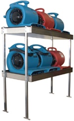 AT74 aluminum air mover shelving rack holding six air movers for restoration trailers and cube vans