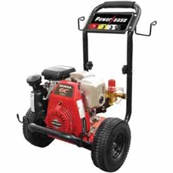 BE Pressure B275HAS B-Frame 2700 PSI cold-water pressure washer with 5 HP Honda GC160 engine, axial pump, and 10-inch pneumatic wheels
