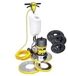 Mercury BOSS Multi-Tasker dual speed floor machine with 13, 17, and 21-inch interchangeable aprons and bristle pad drivers