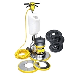 Mercury BOSS Multi-Tasker dual speed floor machine with 13, 17, and 21-inch interchangeable aprons and bristle pad drivers