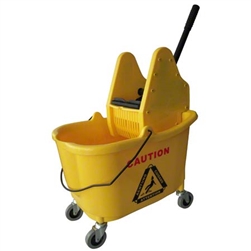 Yellow 35-quart commercial mop bucket with side-press wringer combo on caster base
