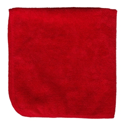 Pack of 12 red premium 320 GSM microfiber cleaning cloths, 16x16 inches, for streak-free cleaning