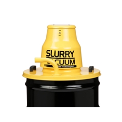 Dustless H0901 Slurry Vac Topper Kit mounted on a 55 gallon drum with 25 foot crush-resistant hose and squeegee wand attachment.