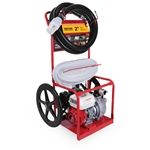 BE Pressure HPFC-2065HR 2-inch fire fighting cart pump with Honda GX200 engine, mounted hose reel, and centrifugal aluminum pump