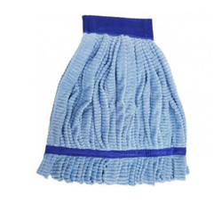 Medium blue microfiber tube mop head with looped ends and 5-inch mesh scrub zone