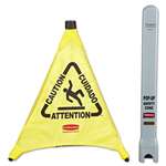 Rubbermaid&reg; Commercial Multilingual "Caution" Pop-Up Safety Cone, 3-Sided, Fabric, 21 x 21 x 20, Yellow # RCP9S00YEL