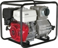 BE Pressure TP-4013HM 4-inch self-priming trash pump on roll cage frame with Honda GX390 commercial engine, 4-inch suction and discharge, and recoil start.