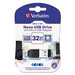 Verbatim&reg; Store 'n' Stay Nano USB Flash Drive with USB OTG Micro Adapter, 32GB, Black # VER49822