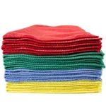 Case of 144 premium 320 GSM 16x16 microfiber cleaning cloths in red, blue, yellow, and green