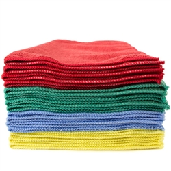 Case of 144 premium 320 GSM 16x16 microfiber cleaning cloths in red, blue, yellow, and green
