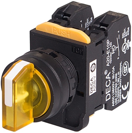 Deca A20F-3E20Q4Y 22 mm Selector Switch, 3 Position, Yellow
