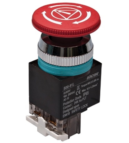 Kacon B30-81L 30 mm E-Stop Switch, Safety Lock