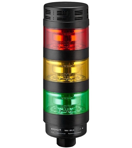 Qronz BTL70BK-AFRYG-LN12 Red Yellow Green LED Tower Light, Lead Wire, 12V