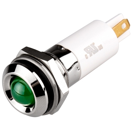 Menics IP 67 LED Indicator, 12 mm, Round Head, 12VDC, Green