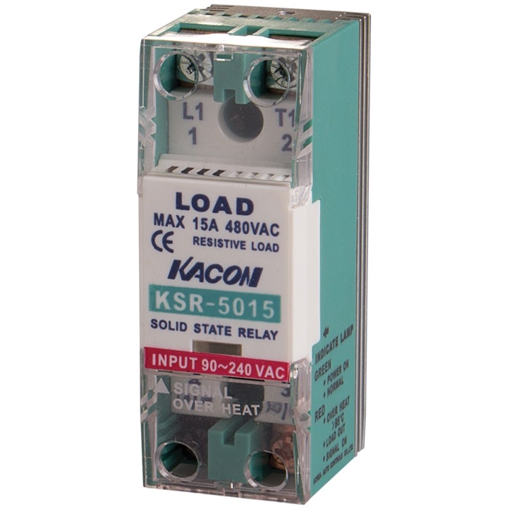 Kacon KSR5015ZA Single Phase Solid State Relay w/ Alarm, 220V AC Input,  90-480V AC Load, 15A
