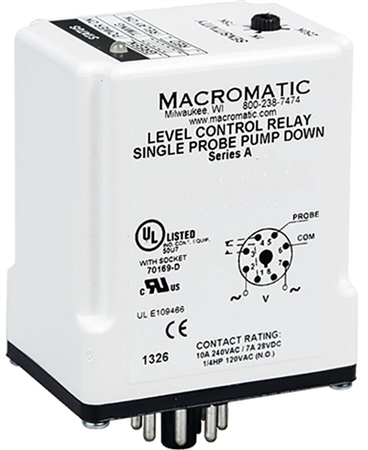 Macromatic 240V Single Probe Liquid Level Relay, Pump Up, 4.7K to 100K, 2 Sec