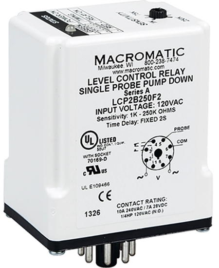 Macromatic 240V Single Probe Liquid Level Relay, Pump Up, 1K to 250K, 1 Sec