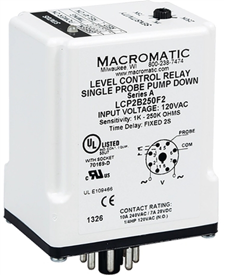 Macromatic 240V Single Probe Liquid Level Relay, Pump Up, 1K to 250K, 4 Sec