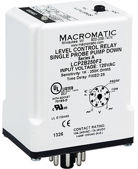 Macromatic 240V Single Probe Liquid Level Relay, Pump Down, 1K to 250K, 15 Sec