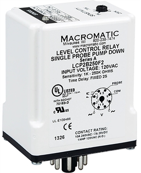 Macromatic 240V Single Probe Liquid Level Relay, Pump Down, 1K to 250K, 20 Sec