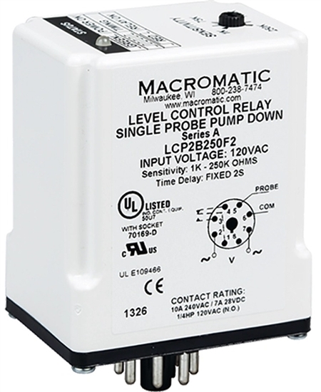 Macromatic 240V Single Probe Liquid Level Relay, Pump Down, 1K to 250K, 4 Sec