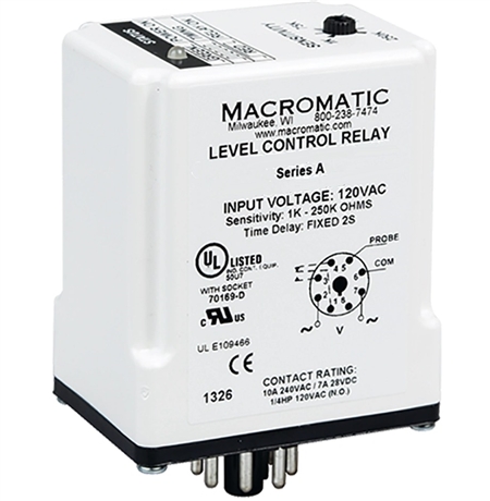 Macromatic 240V Dual Probe Liquid Level Relay, Pump Up, 4.7K to 100K