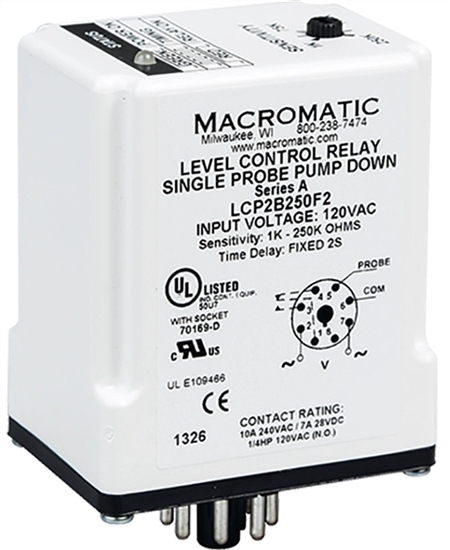 Macromatic 120V Single Probe Liquid Level Relay, Pump Down, 4.7K to 100K, 15 Sec
