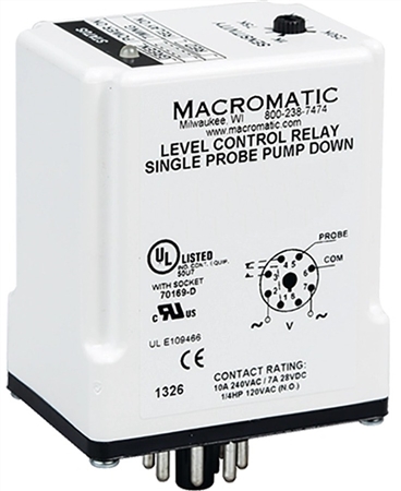 Macromatic 120V Single Probe Liquid Level Relay, Pump Down, 4.7K to 100K, 3 Sec
