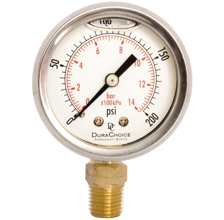 DuraChoice PB158L-200 Oil Filled Pressure Gauge, 1-1/2" Dial