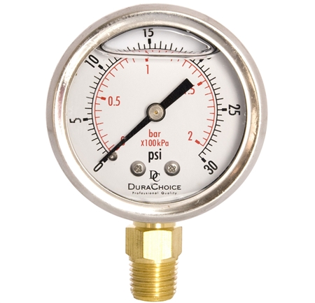 DuraChoice PB204L-030 Oil Filled Pressure Gauge, 2" Dial