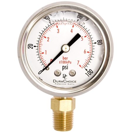 DuraChoice PB204L-100 Oil Filled Pressure Gauge, 2" Dial