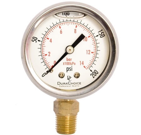 DuraChoice PB204L-200 Oil Filled Pressure Gauge, 2" Dial