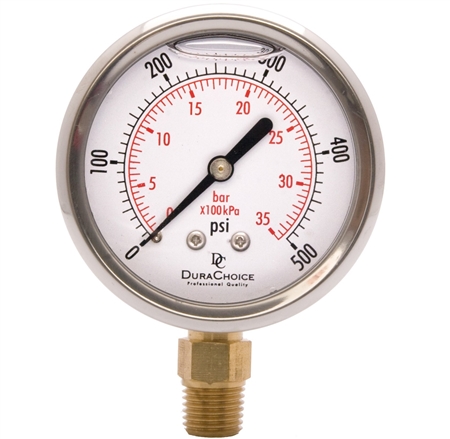 DuraChoice PB204L-500 Oil Filled Pressure Gauge, 2" Dial