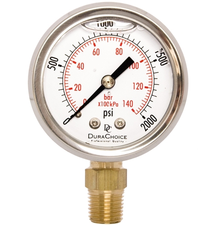 DuraChoice PB204L-K02 Oil Filled Pressure Gauge, 2" Dial