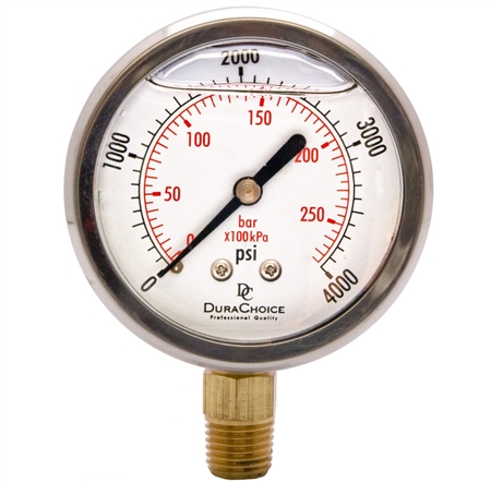 DuraChoice PB204L-K04 Oil Filled Pressure Gauge, 2" Dial