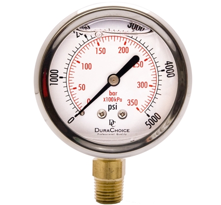 DuraChoice PB204L-K05 Oil Filled Pressure Gauge, 2" Dial