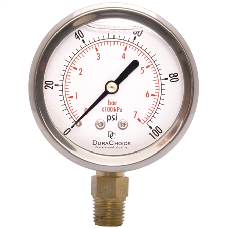 DuraChoice PB254L-100 Oil Filled Pressure Gauge, 2-1/2" Dial