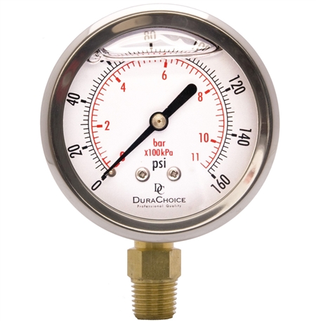 DuraChoice PB254L-160 Oil Filled Pressure Gauge, 2-1/2" Dial