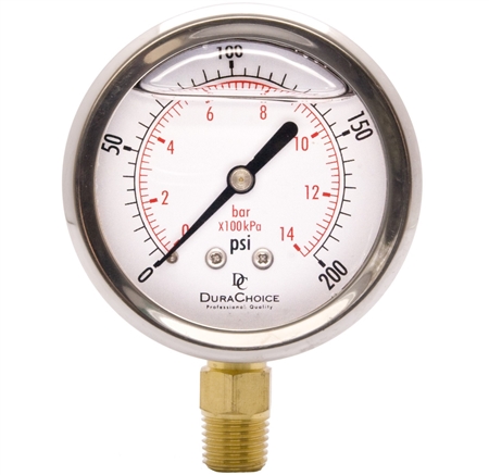 DuraChoice PB254L-200 Oil Filled Pressure Gauge, 2-1/2" Dial