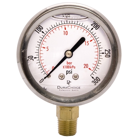 DuraChoice PB254L-300 Oil Filled Pressure Gauge, 2-1/2" Dial