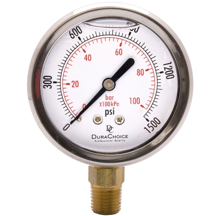 DuraChoice PB254L-K015 Oil Filled Pressure Gauge, 2-1/2" Dial
