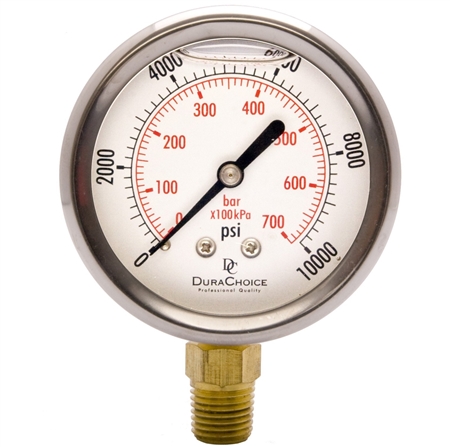 DuraChoice PB254L-K10 Oil Filled Pressure Gauge, 2-1/2" Dial