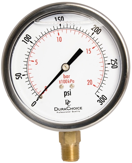 DuraChoice PB403L-300 Oil Filled Pressure Gauge, 4" Dial