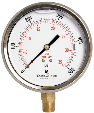 DuraChoice PB403L-500 Oil Filled Pressure Gauge, 4" Dial